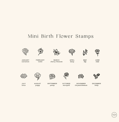 A cream and black minimalistic infographic with the title 'Mini Birth Flower Stamps', showcasing a floral graphic and title of the flower for each month of the year.