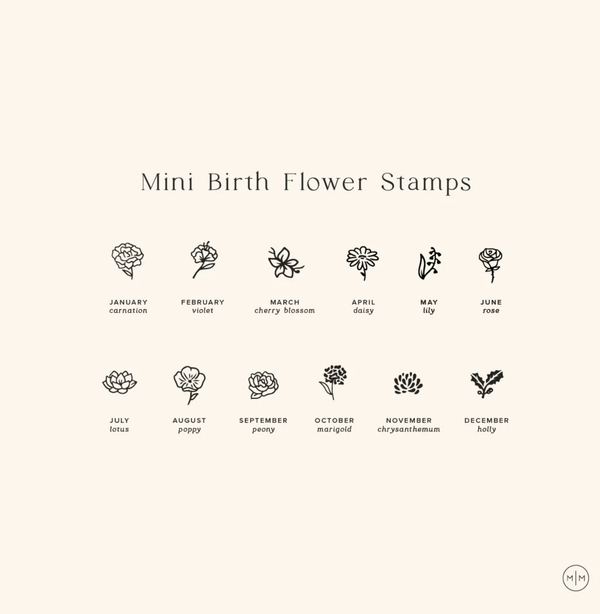A cream and black minimalistic infographic with the title 'Mini Birth Flower Stamps', showcasing a floral graphic and title of the flower for each month of the year.