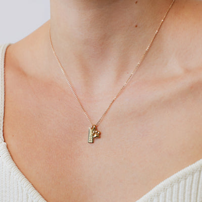 A close-up of a person's neck wearing a gold pendant chain necklace with a small rectangular engraved charm with the name 'ZOE' and a gold polished paw print charm.