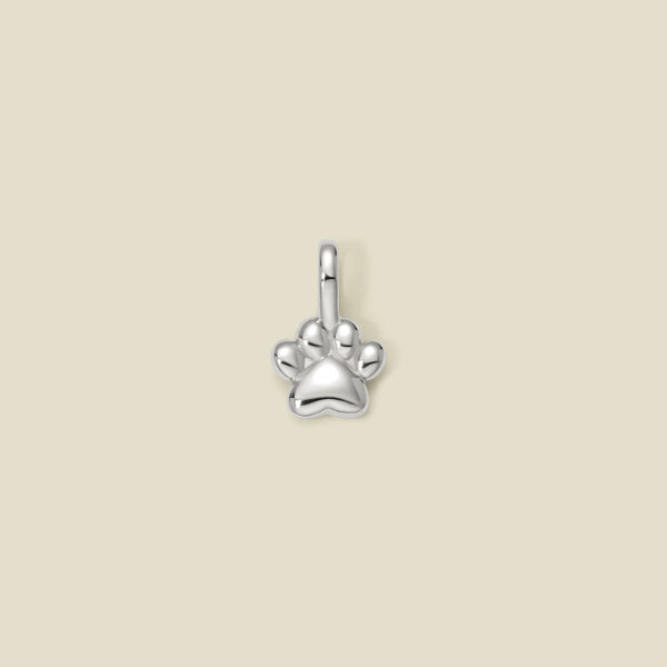 A silver polished paw print charm, centered on a solid beige background.