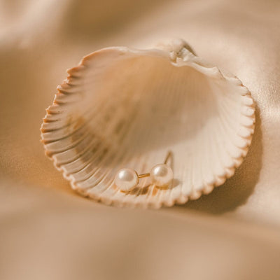 A pair of minimalistic round pearl stud earrings with gold posts, laying in a sea shell on a beige satin fabric.
