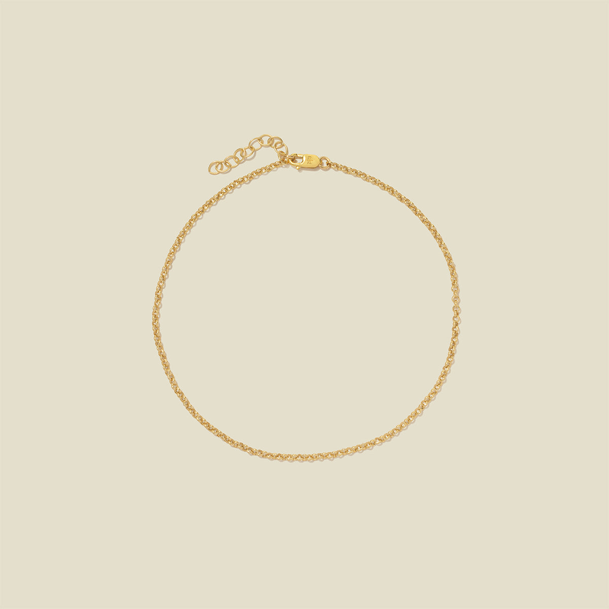 A delicate gold chain anklet with a lobster clasp and extension chain, displayed on a solid light beige background.