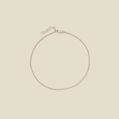 A delicate silver chain anklet with a lobster clasp and extension chain, displayed on a solid light beige background.