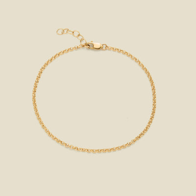 A delicate gold round link chain bracelet with a lobster clasp and extender chain, displayed on a solid light beige background.