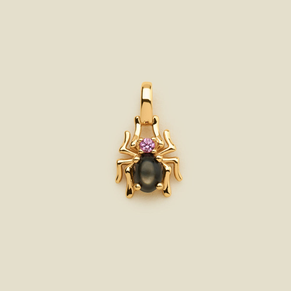 A gold spider pendant featuring a large black oval stone and a small pink gemstone on its back, centered on a light beige background.