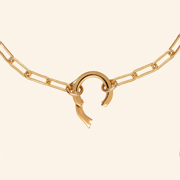 A short video showing a gold paperclip link chain necklace with a round polished ring in the center. The latch on the ring is opening and closing and multiple sets of various charms are sliding onto the screen and onto the hoop, showcasing variations of a charm necklace.